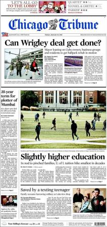El Chicago Tribune mantiene, como mucho otros, el formato tradicional aunque dicidiendo su portada 50% imagen, 50% texto.