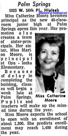 Una nota del periódico Miami News anunciando a Catherine Moore como la primera directora de la Palm Springs Junior High en 1957