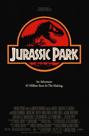 9. Jurassic Park. <br />El afiche muestra el logo del parque jurásico de la película sobre un fondo negro. Hoy esa imagen es una marca indiscutida en el imaginario social.