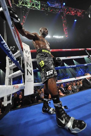 LAS VEGAS, NV - OCTOBER 12: WBO welterweight champion Timothy Bradley Jr. stands in corner during his fight against Juan Manuel Marquez (not pictured) during their bout at the Thomas & Mack Center on October 12, 2013 in Las Vegas, Nevada. Timothy Bradley Jr. wins in a split-decision victory over Juan Manuel Marquez. (Photo by Jeff Bottari/Getty Images)