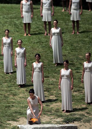 ATHENS, GREECE - MAY 10: High Priestress Ino Menegaki performs during the London 2012 Olympic Torch during the Lighting Ceremony of the Olympic Flame at Ancient Olympia on May 10, 2012 in Olympia, Greece. (Photo by Milos Bicanski/Getty Images)