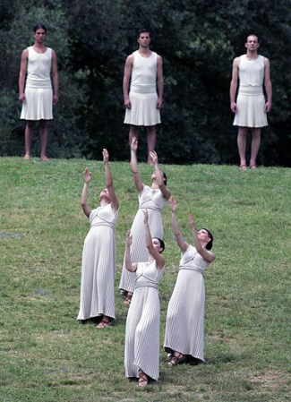 ATHENS, GREECE - MAY 10: Priestess perform during the London 2012 Olympic Torch during the Lighting Ceremony of the Olympic Flame at Ancient Olympia on May 10, 2012 in Olympia, Greece. (Photo by Milos Bicanski/Getty Images)