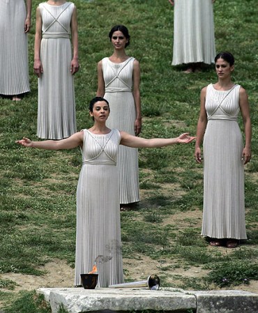 ATHENS, GREECE - MAY 10: High Priestress Ino Menegaki performs during the London 2012 Olympic Torch during the Lighting Ceremony of the Olympic Flame at Ancient Olympia on May 10, 2012 in Olympia, Greece. (Photo by Milos Bicanski/Getty Images)