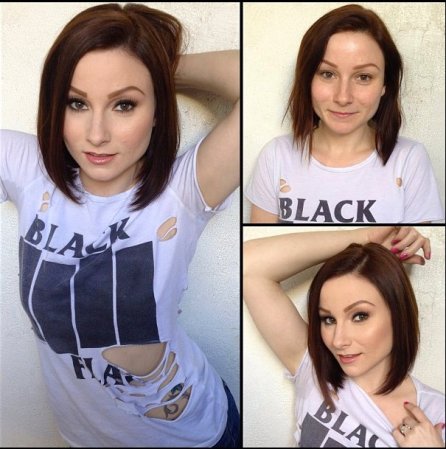 Veruca James antes y después del maquillaje.