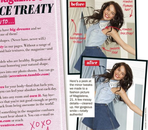 Después de una larga batalla, la revista Seventeen prometió “nunca cambiar el cuerpo de una mujer ni la cara”, ya que los cuerpos delgados y no realísticos pueden crear problemas mentales y físicos en las mujeres, dijo la revista.