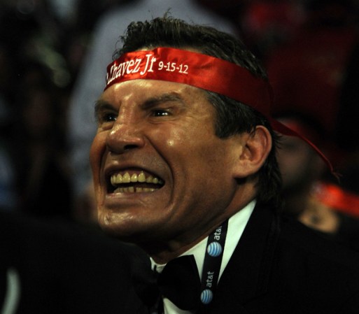 LAS VEGAS, NV - SEPTEMBER 15: Julio Cesar Chavez Sr. yells in the corner of Julio Cesar Chavez Jr. while he battles Sergio Martinez in the sixth round of their WBC middleweight title fight at the Thomas & Mack Center on September 15, 2012 in Las Vegas, Nevada. (Photo by Jeff Bottari/Getty Images)