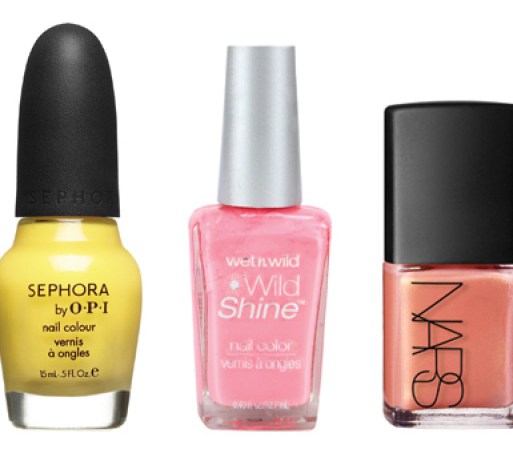 Para sombras más soleadas, pintura amarilla piña, rosa pálido o crema de naranja. <br /><br />Esmalte de uñas Sephora by OPI en IM Beauty, puedes conseguirlo en sephora.com, por $9.50.<br />Esmalte de uñas Wet n Wild shine, puedes conseguirlo en harmondiscount.com por $1.<br />Esmalte de uñas Nars shimmer en Orgasm, puedes conseguirlo en narscosmetics.com por $21.
