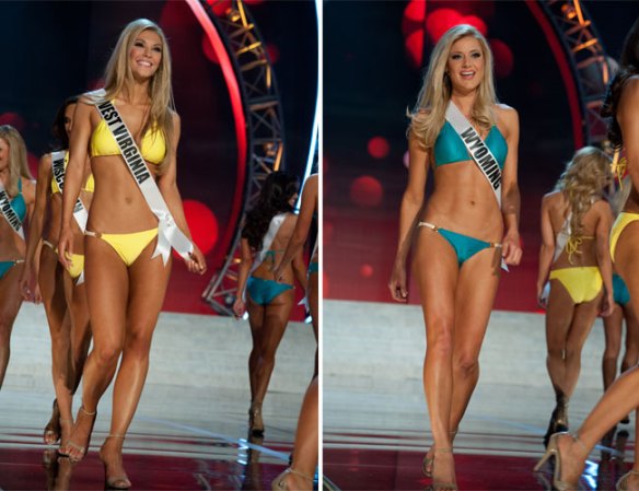 Las candidatas desfilan en traje de baño durante las etapas preliminares del certamen Miss USA.