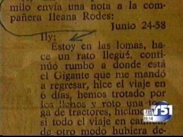 "El estaba en el llano y en la nota decía que había regresado y que iba donde estaba el Gigante...espero verte pronto y eso y lo otro", recuerda Ileana.