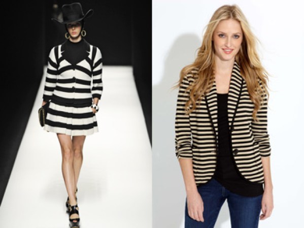 Las rayas y los looks en blanco y negro, fueron protagonistas en la pasarela de Moschino. Combina un chaqueta a rayas con un top de cuello de tortuga negro y unos pantalones por arriba del tobillo y tendrás el look francés de la nueva era. Logra el estilo con esta chaqueta de Karen Kane, $172