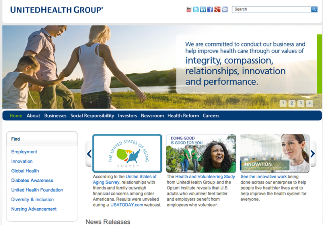 UnitedHealth Group<br /><br />Industria: Servicio de salud<br /><br />Puestos de trabajo: Asistente médico, Analista de sistemas, Director Asociado del Centro de Asistencia Global, Practicantes de enfermería, Gerente<br /><br />Las plazas son para: Texas, Missouri, Wisconsin, Minnesota, Maryland, Texas.