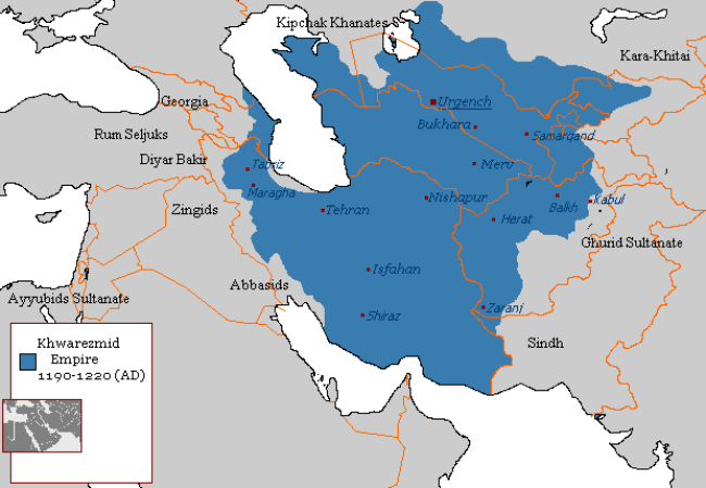 El Imperio corasmio surgió en el siglo XI, alcanzando su apogeo a principios del siglo XIII bajo el sah Allah al-Din Muhammad II, controlando toda el área cultural persa. Luego se derrrumbó.