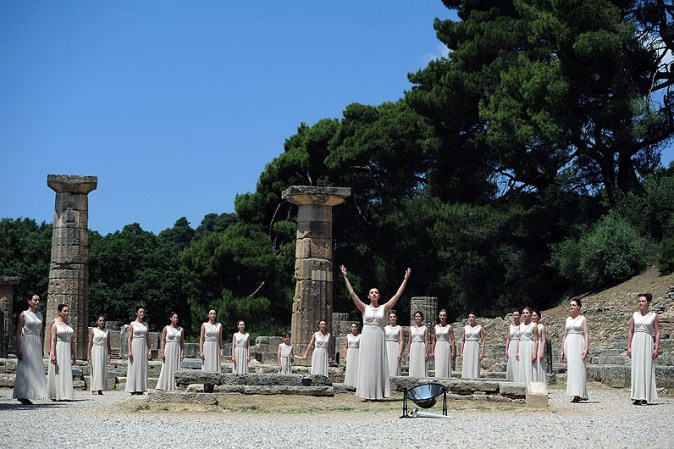 ATHENS, GREECE - MAY 10: High Priestess Ino Menegaki performs at the Temple of Hera during the Lighting Ceremony of the Olympic Flame at Ancient Olympia on May 10, 2012 in Olympia, Greece. (Photo by Jamie McDonald/Getty Images)