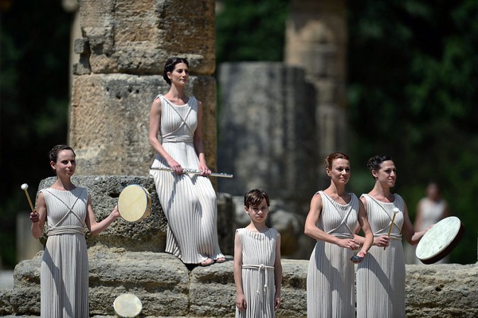 ATHENS, GREECE - MAY 10: Priestesses perform at the Temple of Hera during the Lighting Ceremony of the Olympic Flame at Ancient Olympia on May 10, 2012 in Olympia, Greece. (Photo by Jamie McDonald/Getty Images)
