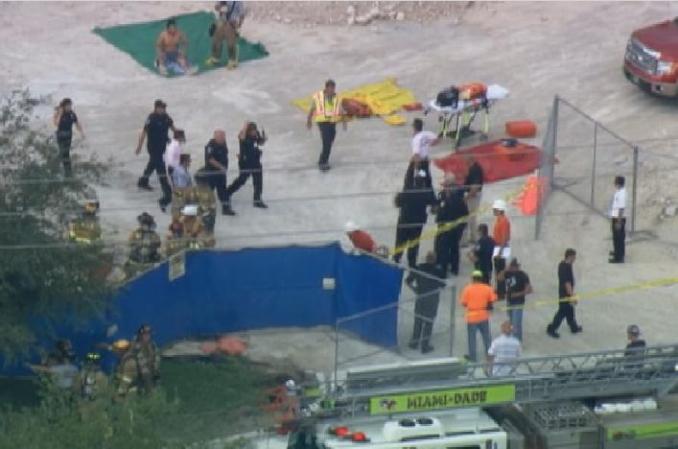 Imágenes tomadas desde el helicóptero deTelemundo 51 tras derrumbarse un garaje de varios pisos en el recinto del Miami-Dade College del Doral