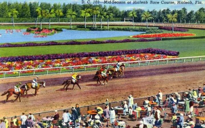 Esta postal muestra las carreras de caballos.