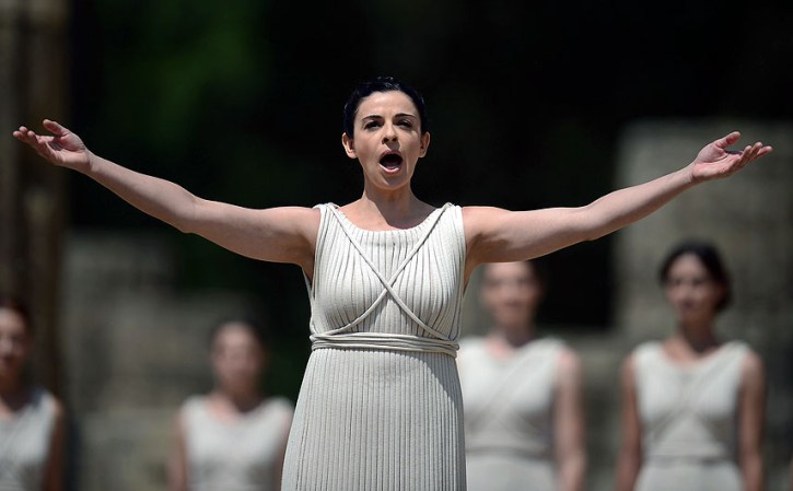 ATHENS, GREECE - MAY 10: High Priestess Ino Menegaki performs at the Temple of Hera during the Lighting Ceremony of the Olympic Flame at Ancient Olympia on May 10, 2012 in Olympia, Greece. (Photo by Jamie McDonald/Getty Images)