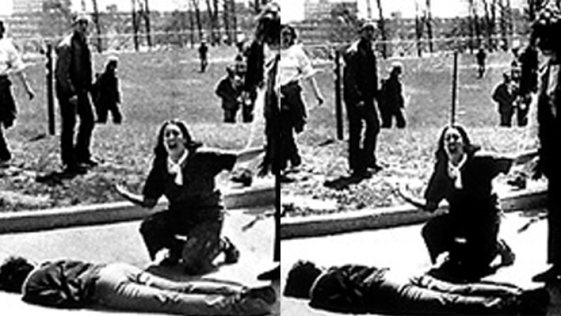 La foto del fotógrafo John Filo ganó el premio Pulitzer. En 1970, un editor desconocido removió una barda del trasfondo y fue publicada por la revista Life.