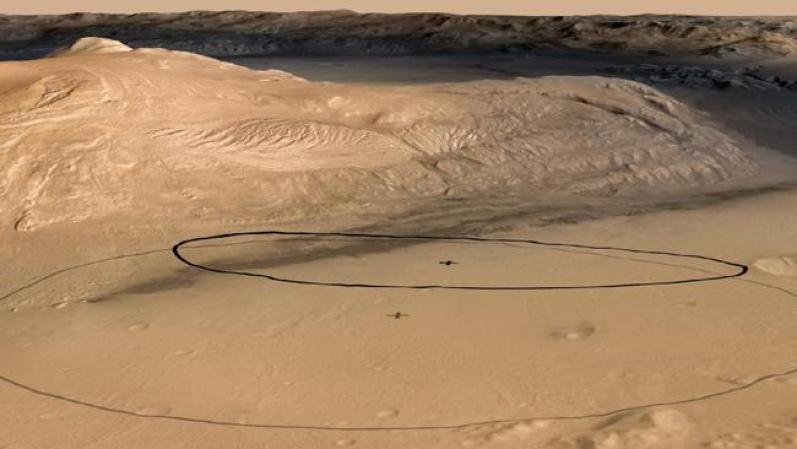 Aquí los cambios en la zona de aterrizaje de destino para "Curiosity", cuando era un proyecto de laboratorio de ciencias. La elipse más grande muestra el área de destino antes de junio de 2012, luego cuando se revisó a la elipse más pequeña se centra cerca de los pies del Monte Agudo, en el interior del cráter Gale.
