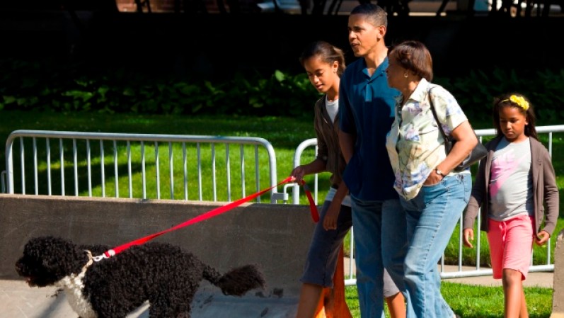 El presidente Obama acompañado de su suegra y sus hijos sale a pasear a "Bo", perro de la familia.