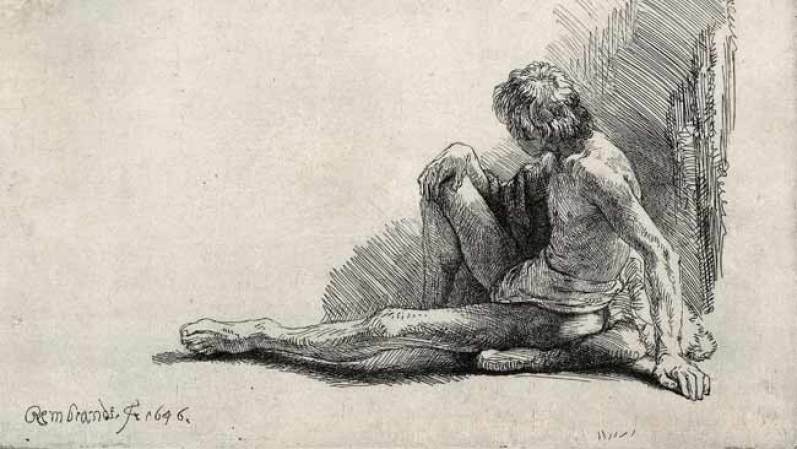 Desnudo con una pierna extendida, 1646<br />Descrito en un inventario de 1679, está relacionado con otros dos estudios del mismo periodo. El arreglo de su cuerpo y extremidades crea un contorno triangular.