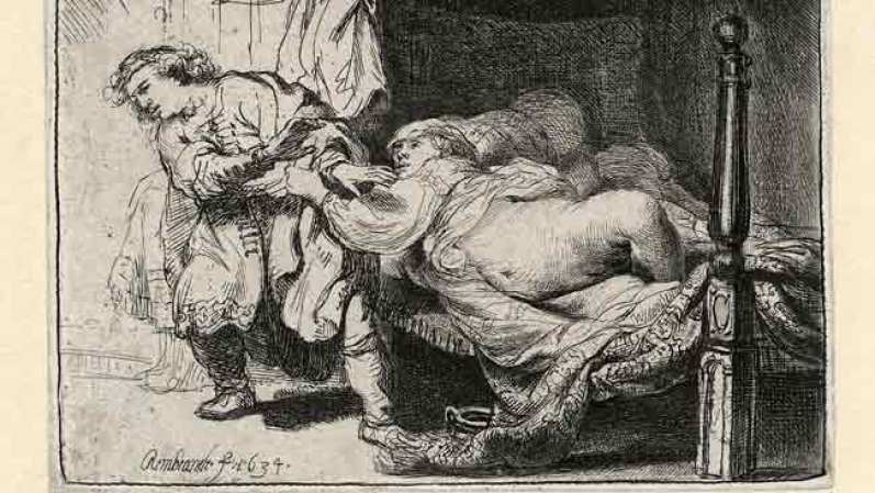 "José y la esposa de Potifar", 1634<br />La esposa de Potifar está desesperada por acostarse con el virtuoso José. El se le escapa, pero ella lo agarra de su capa. Después lo acusará de intentar violarla (Génesis, 39: 7-20).