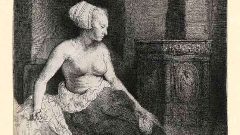 Mujer semidesnuda detrás de una estufa, 1658<br />En los años 1650, Rembrandt hizo muchos dibujos de mujeres desnudas. Esta figura se destaca contra el fondo oscuro. Rembrandt balancea la composición a la derecha con una decoración en relieve de Santa María Magdalena.