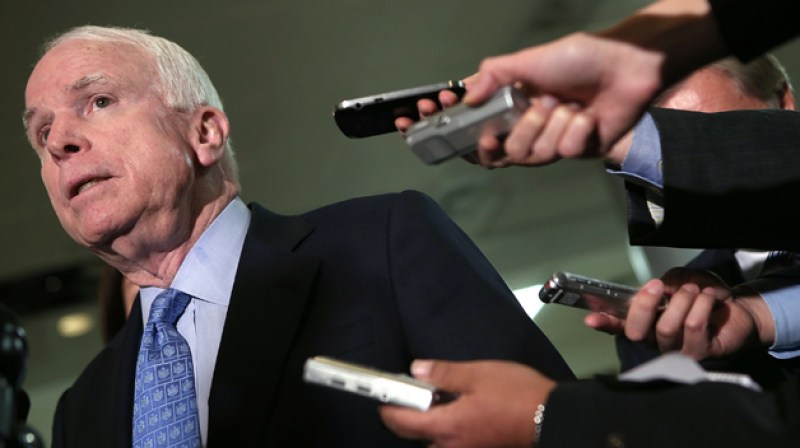 WASHINGTON, DC - NOVEMBER 27: U.S. Sen. John McCain (R-AZ) speaks to reporters after meeting with U.S. Ambassador to the United Nations, Susan Rice, on Capitol Hill November 27, 2012 in Washington, DC. McCain said he was more troubled with the answers he received during the meeting with Rice on statements she made regarding the attack on the U.S. mission in Benghazi, Libya than he was before the meeting was held. (Photo by Win McNamee/Getty Images)