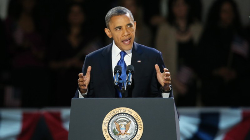 CHICAGO, IL - NOVEMBER 06: U.S. President Barack Obama delivers his victory speech after being reelected for a second term at McCormick Place November 6, 2012 in Chicago, Illinois. Obama won reelection against Republican candidate, former Massachusetts Governor Mitt Romney. (Photo by Scott Olson/Getty Images)