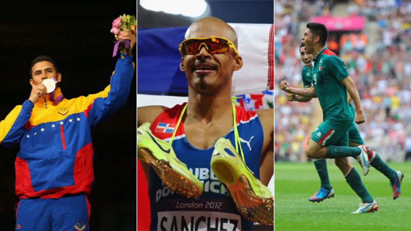 De izquierda a derecha los medallistas de oro: el venezolano, Rubén Limardo; el dominicano, Félix Sánchez y el mexicano, Oribe Peralta.