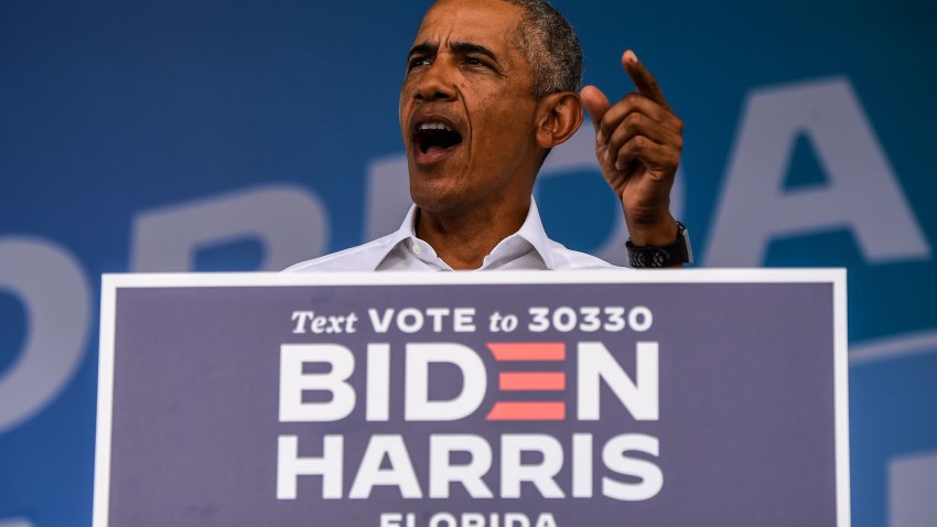 Former US President Barack Obama speaks at a Biden-Harris drive-in rally in Miami, Florida on October 24, 2020. (Photo by CHANDAN KHANNA / AFP) (Photo by CHANDAN KHANNA/AFP via Getty Images)