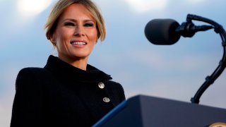 Outgoing first lady Melania Trump speaks before boarding Air Force One at Joint Base Andrews in Maryland on Jan. 20, 2021.