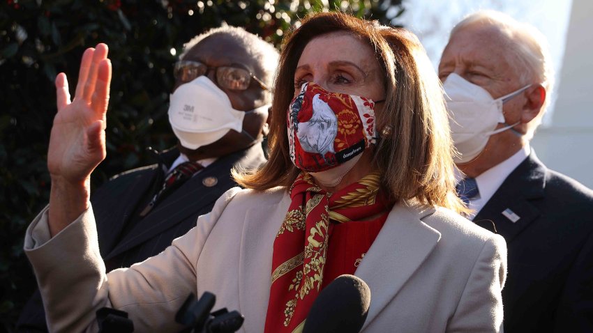 In this Feb. 5, 2021, file photo, Speaker of the House Nancy Pelosi (D-CA) (C) talks to reporters outside the West Wing after she and House Democratic leaders, Majority Whip James Clyburn (D-SC) (L) and Majority Leader Steny Hoyer (D-MD), met with U.S. President Joe Biden to discuss coronavirus relief legislation at the White House in Washington, D.C.