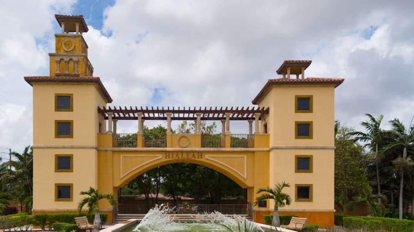 MIAMI, FLORIDA, UNITED STATES – 2017/04/30: Entrance to Hialeah, modern architecture monument. Hialeah has the highest percentage of Cuban American residents of any city in the United States. (Photo by Roberto Machado Noa/LightRocket via Getty Images)