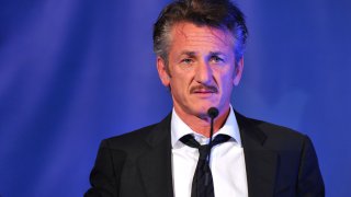 Sean Penn speaking onstage at the Cinema For Peace event benefitting J/P Haitian Relief Organization in Los Angeles, Calif