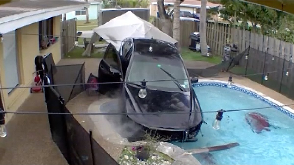 Caught on video: car crashes into swimming pool of house in Sunrise