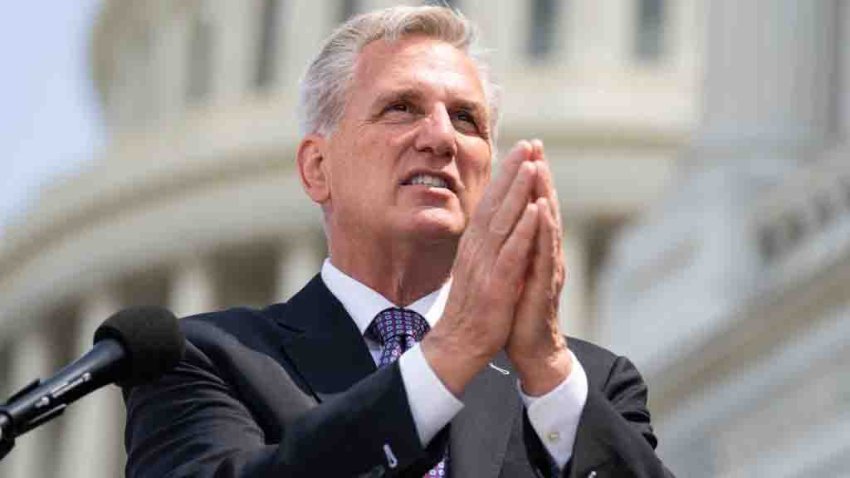 UNITED STATES – MAY 17: Speaker of the House Kevin McCarthy, R-Calif., conducts a news conference with house and senate Republicans on the “debt crisis,” on the west terrace of the U.S. Capitol  on Wednesday, May 17, 2023. (Tom Williams/CQ-Roll Call, Inc via Getty Images)