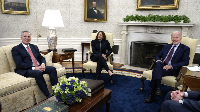 US House Speaker Kevin McCarthy, a Republican from California, from left, US Vice President Kamala Harris, and US President Joe Biden during a meeting in the Oval Office of the White House in Washington, DC, US, on Tuesday, May 16, 2023. Republicans hardened their battle lines ahead of the pivotal White House meeting on averting a first-ever US default, the latest sign of trouble in negotiations over the debt limit. Photographer: Yuri Gripas/Abaca/Bloomberg via Getty Images