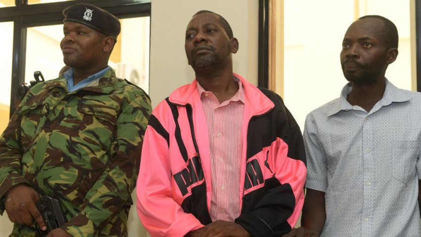 Self-proclaimed pastor Paul Nthenge Mackenzie (C), who set up the Good News International Church in 2003 and is accused of inciting cult followers to starve to death “to meet Jesus”, appears in the dock with other co-accused at the court in Malindi on May 2, 2023. – A Kenyan pastor appearing in court on May 2, 2023 will face terrorism charges, prosecutors said in connection with the deaths of over 100 people found buried in what has been dubbed the “Shakahola forest massacre”.
The deeply religious Christian-majority country has been stunned by the discovery of mass graves last month in a forest near the Indian Ocean coastal town of Malindi. (Photo by SIMON MAINA / AFP) (Photo by SIMON MAINA/AFP via Getty Images)