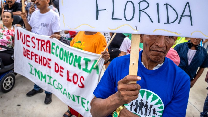 Decenas de miembros de la comunidad migrante que trabaja en las zonas agrícolas del sur del Estado de Florida (EE.UU.). fueron regitrados este sábado, 1 de julio, al protestar por la entrada en vigor de la ley antiinmigrante SB1718, en Homestead (Florida, EE.UU.) EFE/Cristóbal Herrera