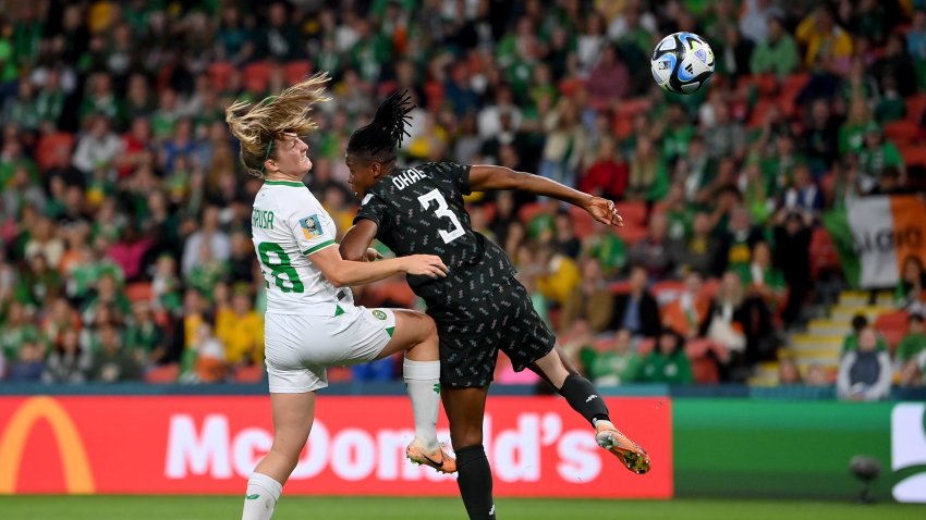 BRISBANE, AUSTRALIA – JULY 31: Kyra Carusa of Republic of Ireland heads the ball past Osinachi Ohale of Nigeria during the FIFA Women’s World Cup Australia & New Zealand 2023 Group B match between Ireland and Nigeria at Brisbane Stadium on July 31, 2023 in Brisbane, Australia. (Photo by Justin Setterfield/Getty Images)