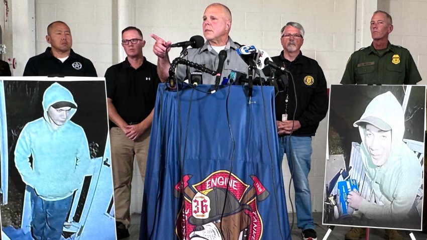 KENNETT SQUARE, PENNSYLVANIA – SEPTEMBER 10: Lt. Col. George Bivens of the Pennsylvania State Police briefs the media on developments in the manhunt for convicted murderer Danelo Cavalcante at Po-Mar-Lin Fire Company on September 10, 2023 in Kennett Square, Pennsylvania. Cavalcante escaped from Chester County Prison on August 31 and remains at large as the 11 day manhunt continues. Photographs of Cavalcante taken on the night of September 9 from a door camera are displayed as Bivens speaks. (Photo by Mark Makela/Getty Images)