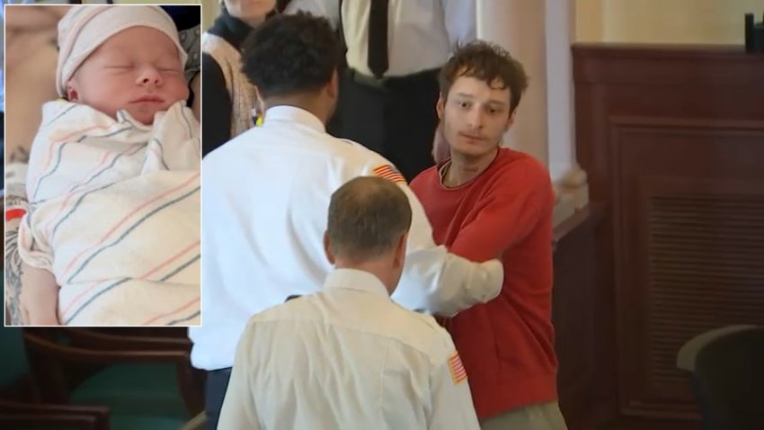 Randy Patterson-Gerber, 25, in Massachusetts Barnstable Superior Court to face charges connected to the death of his son, seen inset in a family photo, in 2021.