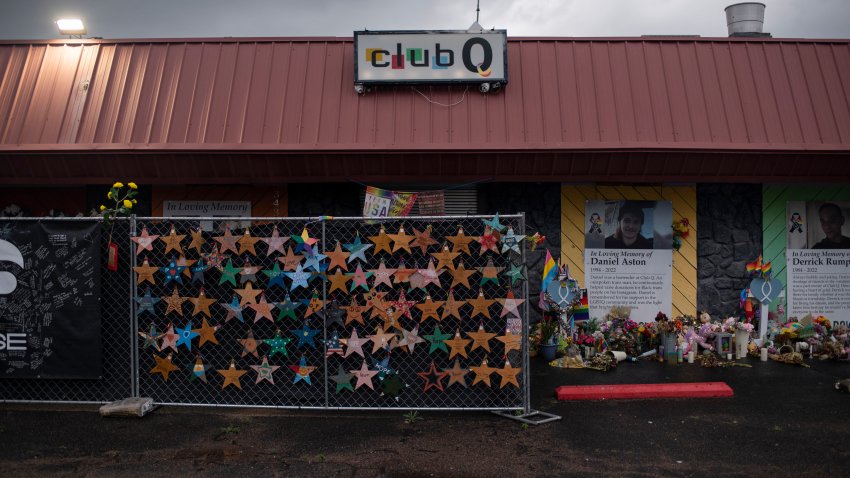 COLORADO SPRINGS, UNITED STATES – JUNE 11: Memorials for victims of the shooting, seen at Club Q in Colorado Springs, United States on June 11, 2023. (Photo by Rachel Woolf for The Washington Post via Getty Images)