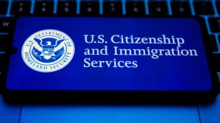 El sello del Servicio de Ciudadanía e Inmigración de EEUU se muestra en la pantalla de un teléfono móvil para una fotografía ilustrativa.