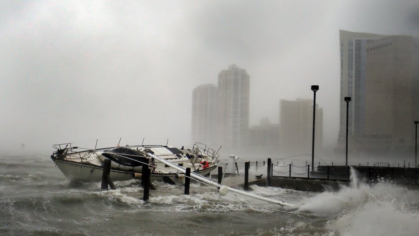 Hurricane Irma seen striking Miami, Florida with 100+ mph winds and destructive storm surge.