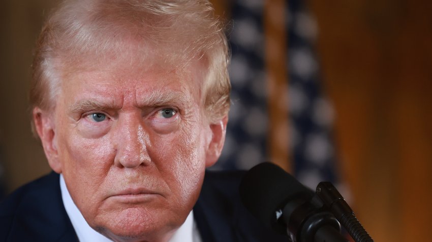 PALM BEACH, FLORIDA – AUGUST 08: Republican presidential candidate former President Donald Trump speaks during a press conference at his Mar-a-Lago estate on August 08, 2024, in Palm Beach, Florida. Polls currently show a close race between Trump and Democratic presidential candidate, U.S. Vice President Kamala Harris. (Photo by Joe Raedle/Getty Images)