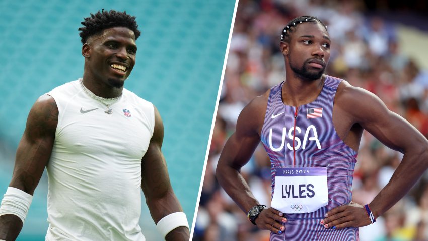 Foto de Tyreek Hill, jugador de los Miami Dolphins y el corredor olímpico Noah Lyles.