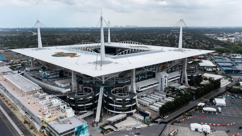 MIAMI GARDENS, FLORIDA – MARCH 14:  An aerial view of Hard Rock Stadium on March 14, 2023 in Miami Gardens, Florida.  This is home stadium where the Miami Dolphins of the National football League play.  It is also where the Miami Open Tennis Tournament is played.  The Formula 1 Miami Grand Prix is held here with The Miami International Autodrome and a purpose-built temporary circuit around Hard Rock Stadium .  (Photo by Al Bello/Getty Images)