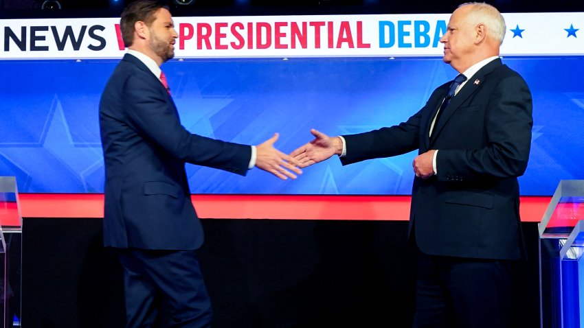 Senator JD Vance, a Republican from Ohio and Republican vice-presidential nominee, left, and Tim Walz, governor of Minnesota and Democratic vice-presidential nominee, shake hands while arriving for the first vice presidential debate at the CBS Broadcast Center in New York, US, on Tuesday, Oct. 1, 2024. Historically, debates between the running mates of the major party nominees for president have a negligible effect on the contest for the White House, but with the race between Republican Donald Trump and Democrat Kamala Harris being so close, any boost for either ticket could make all the difference.